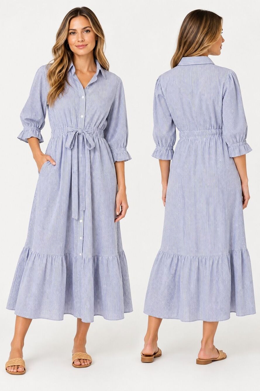 Holly Shae Stella Blue White Seersucker Striped Maxi Shirt Dress XS M